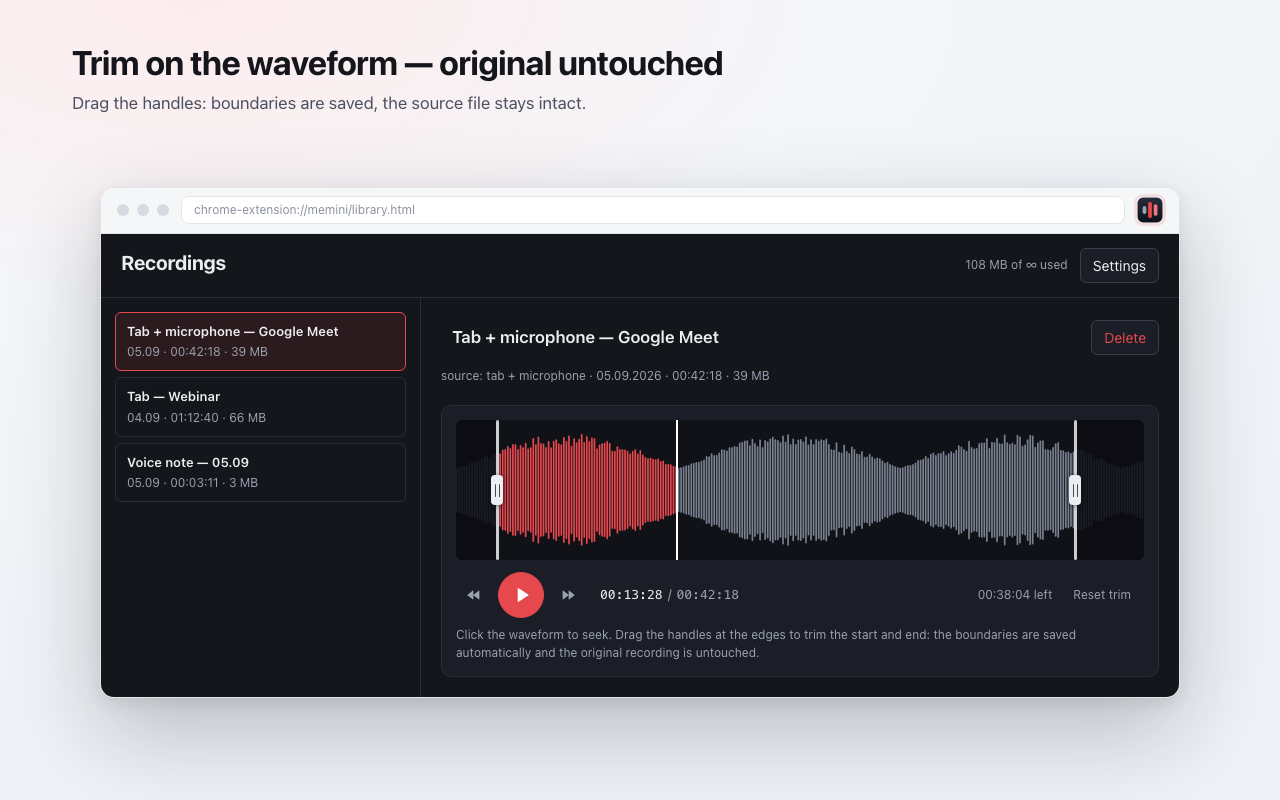 Trim on the waveform — original untouched